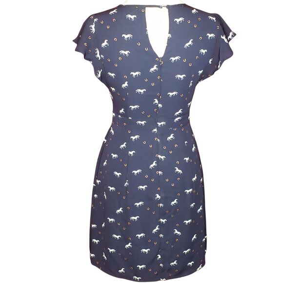 EUC Maison Jules Size XS Women's flutter sleeves Navy Horses Dress - Picture 3 of 6